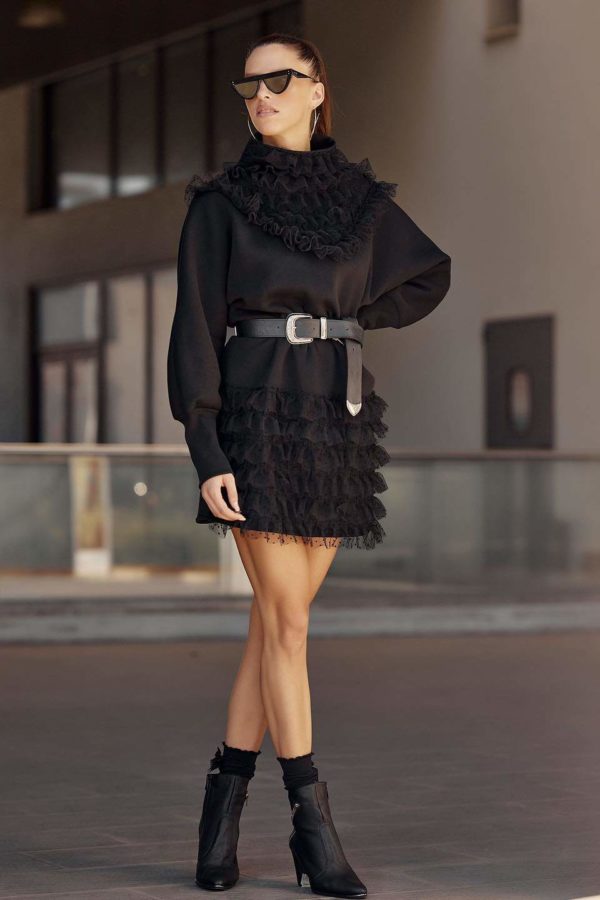 Black Hoodie Dress With Ruffles