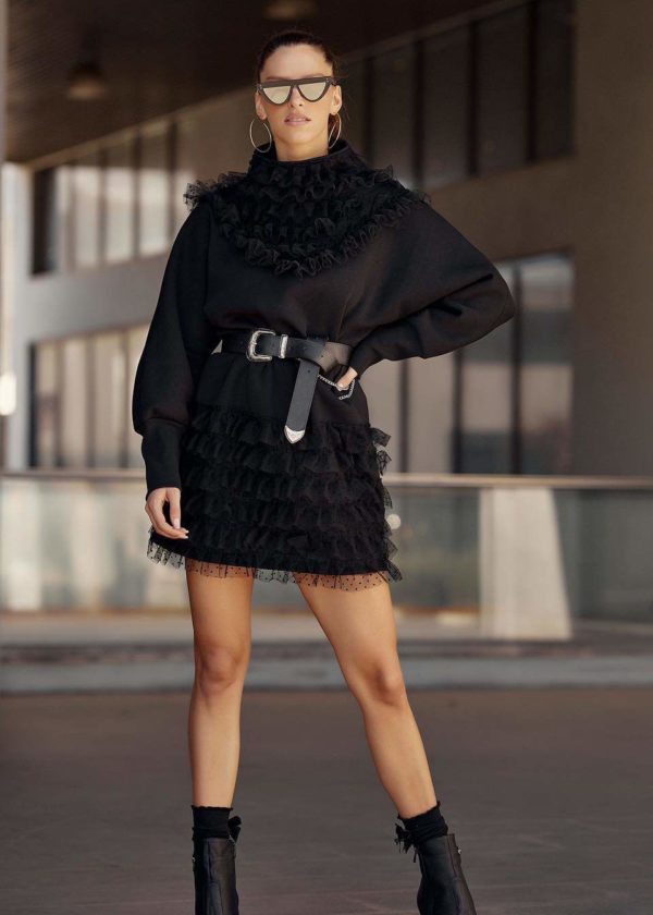 Black Hoodie Dress With Ruffles