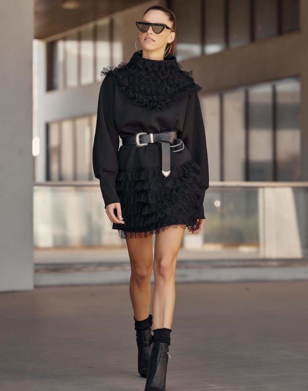 Black Hoodie Dress With Ruffles