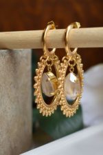 Handmade Gold Hoop Earrings With Petrol / Honey Yellow / Cypress Green / Ecru Swarovski Stone