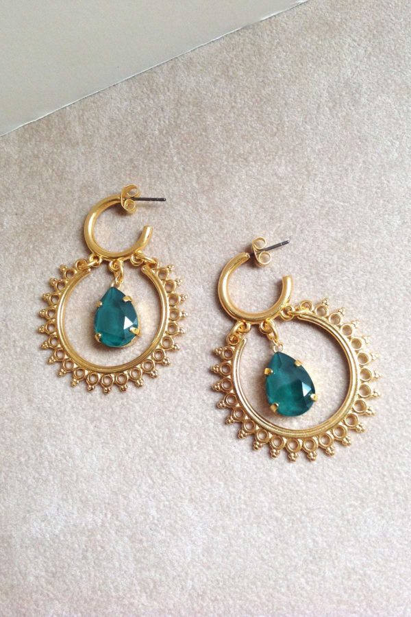 Handmade Gold Hoop Earrings With Petrol / Honey Yellow / Cypress Green / Ecru Swarovski Stone