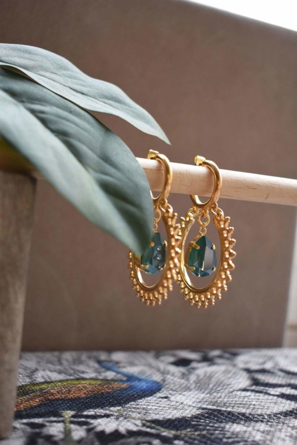 Handmade Gold Hoop Earrings With Petrol / Honey Yellow / Cypress Green / Ecru Swarovski Stone