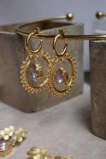 Handmade Gold Hoop Earrings With Petrol / Honey Yellow / Cypress Green / Ecru Swarovski Stone