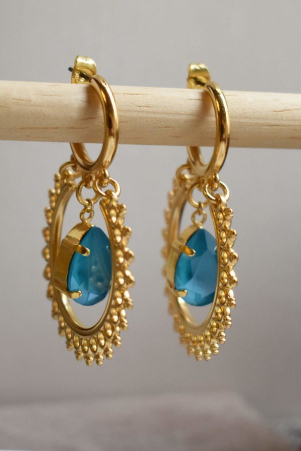 Handmade Gold Hoop Earrings With Petrol / Honey Yellow / Cypress Green / Ecru Swarovski Stone